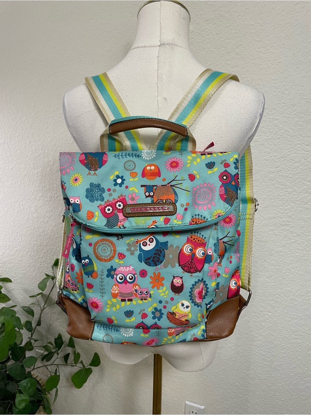 Lily Bloom Owl Print Mini Backpack Travel Bag Colorful Floral Owl Backpack